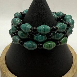 Womens Green & Black Beaded Coil Bracelet